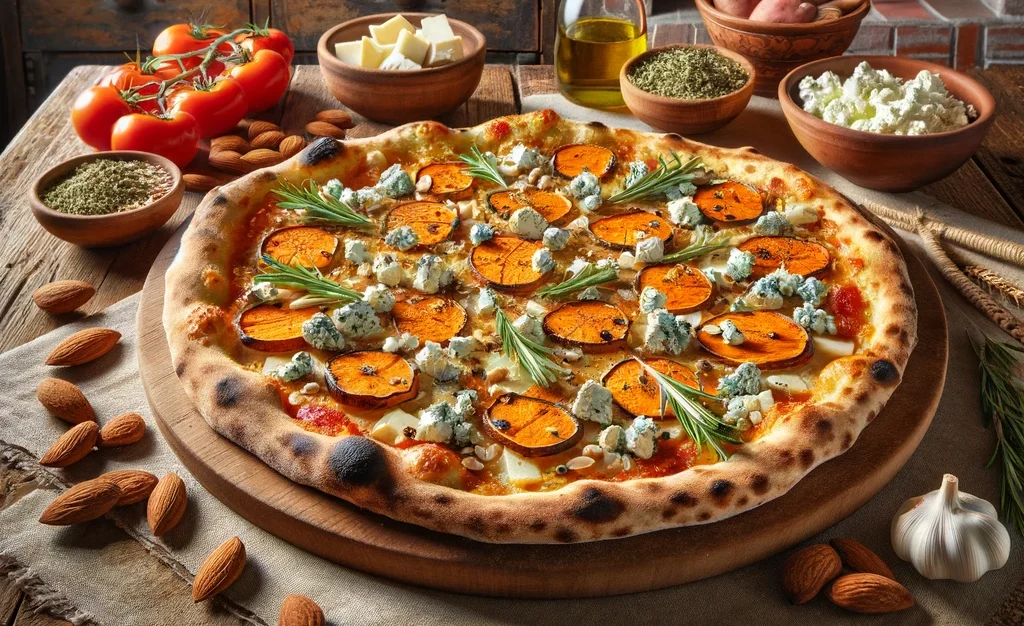 פיצה בטטה, רוקפור ושקדים קלויים