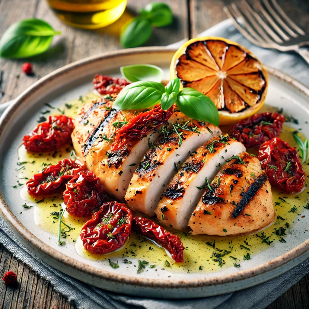 מתכון חזה עוף בגריל עם עגבניות מיובשות ובזיליקום