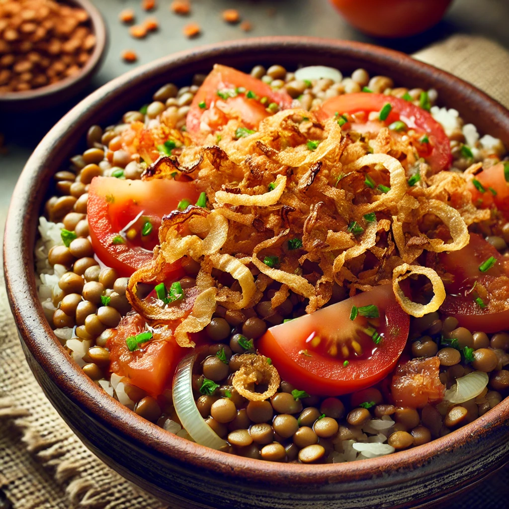 מג'דרה עם בצל מטוגן ועגבניות