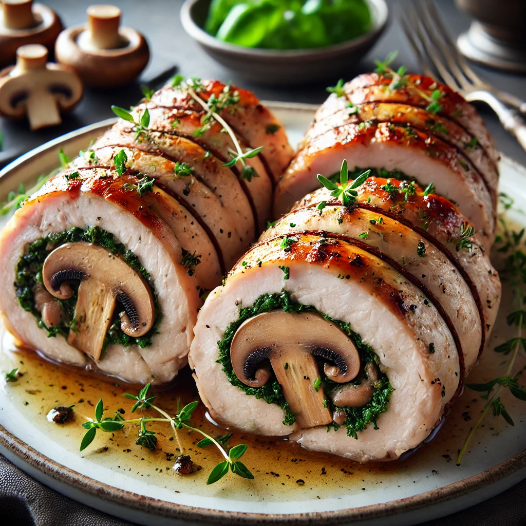 רולדים של חזה הודו ממולאים בפטריות ועשבי תיבול