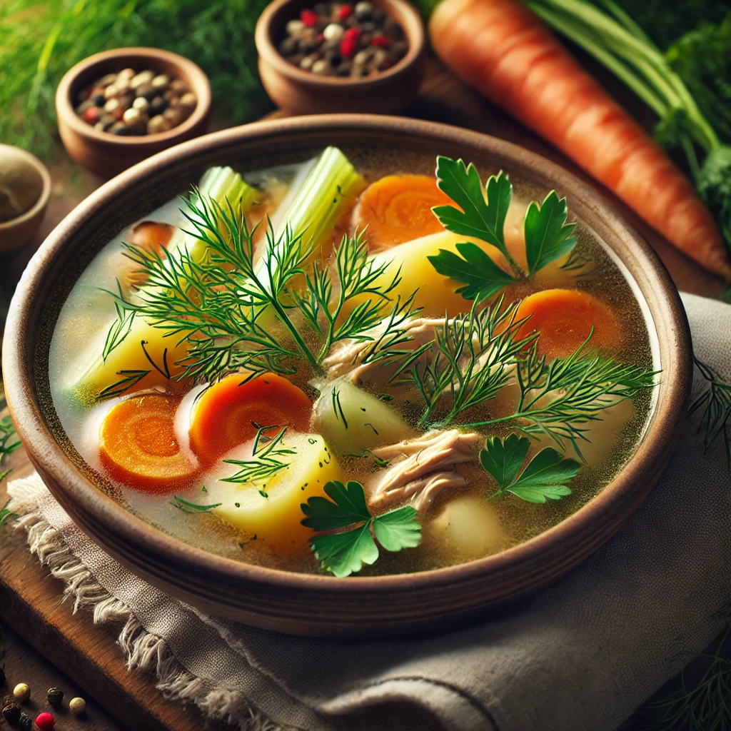 מרק עוף עם ירקות טריים ושמיר