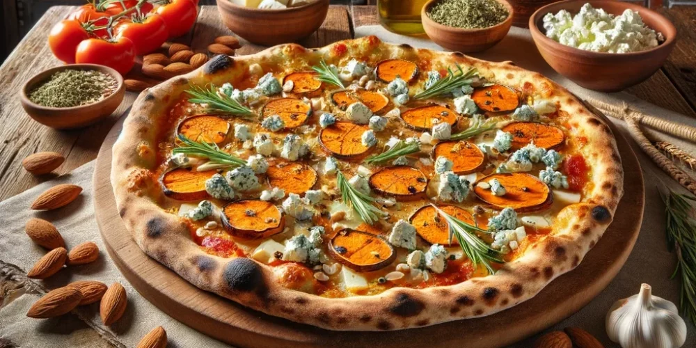 פיצה בטטה, רוקפור ושקדים קלויים